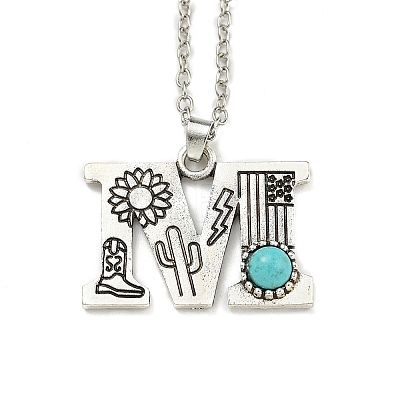 Letter A~Z Antique Silver Plated Alloy with Synthetic Turquoise Pendant Necklaces NJEW-G080-01M-1