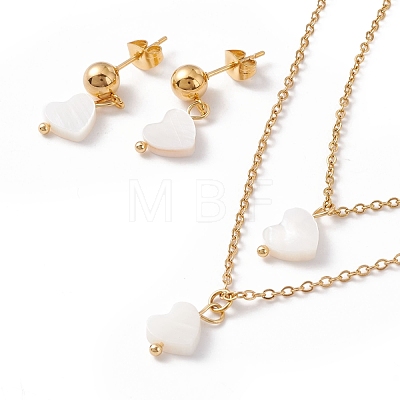 Synthetic Shell Heart Pendant Double Layer Necklaces and Dangle Stud Earrings SJEW-F217-03B-G-1