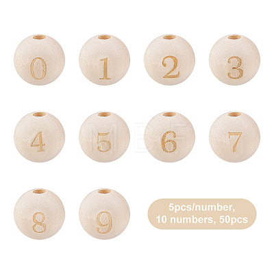 Olycraft 50PCS Number 0 to 9 Unfinished Natural Wood European Beads WOOD-OC0001-70-1