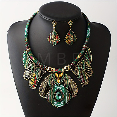 Bohemian Ethnic Style Alloy Rhinestone & Polyester Cord Pendant Necklaces & Rhombus Stud Dangle Earrings Sets FS-WG2889B-01-1