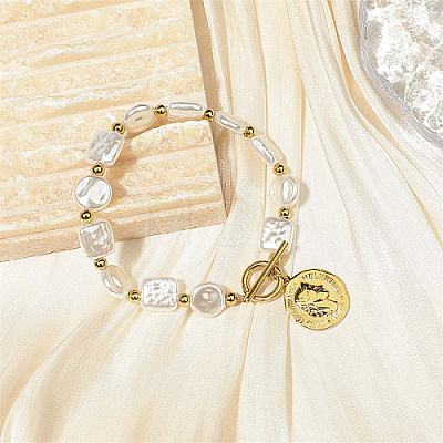 Natural Pearl Rectangle & Flat Round Beaded Bracelet with Stainless Steel Coin Charms SX4591-2-1