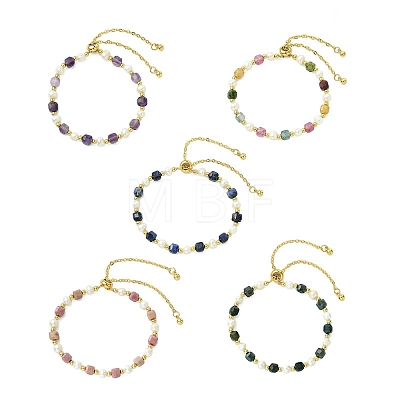 Adjustable Natural Gemstone & Cultured Freshwater Pearl Beads Slider Bracelets for Women BJEW-JB13609-1