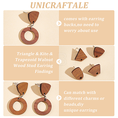 Unicraftale 16 Pairs 4 Style Triangle & Kite & Trapezoid Walnut Wood Stud Earring Findings WOOD-UN0001-07-1