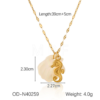 Ocean Theme Natural Shell & 304 Stainless Steel Pendant Dapped Chain Necklaces for Women FS-WG58500-06-1