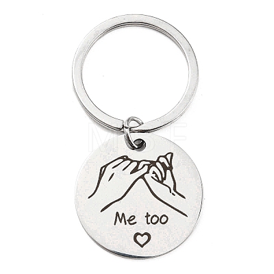 Valentine's Day Theme 304 Stainless Steel Flat Round with Word Me Too Pendant Keychain KEYC-K018-01P-01-1