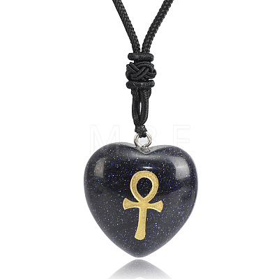 Synthetic Blue Goldstone Heart Engraved AnKh Cross Pendant Personalized DIY Necklaces SC1205-4-1