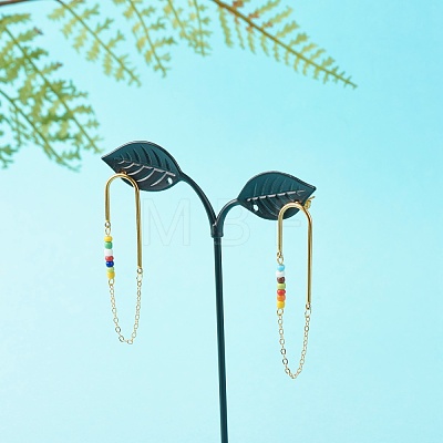 Chain Tassel with Glass Seed Beads Dangle Stud Earrings for Girl Women EJEW-TA00014-1