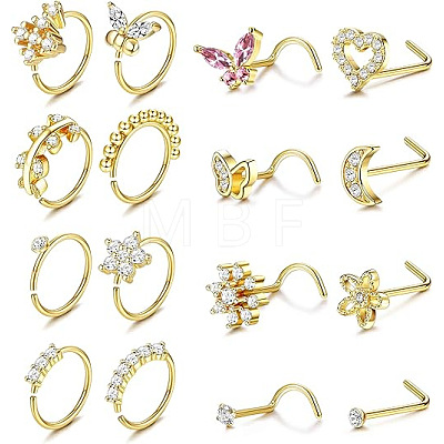 16Pcs 16 Styles 316L Surgical Stainless Steel Rhinestone Nose Studs & Rings WGD5AA5-01-1