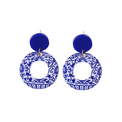 Acrylic Blue and White Porcelain Printed Dangle Stud Earrings FS-WG917E7-04-1