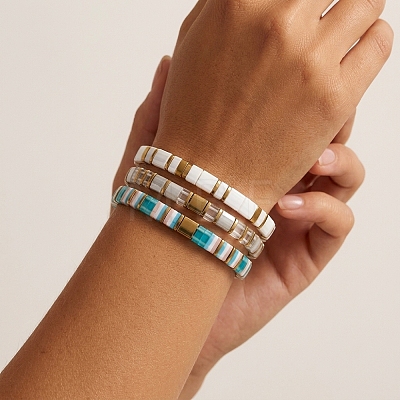 3Pcs 3 Styles Square Glass Tile Beaded Stretch Bracelet Sets with Synthetic Non-magnetic Hematite Beads for Women HZ1549-1