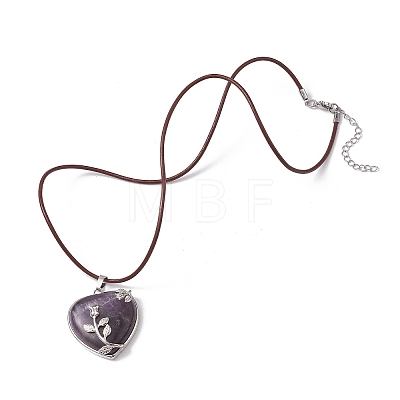 Natural Amethyst Heart Pendant Necklace with Cowhide Leather Cords NJEW-JN04598-01-1