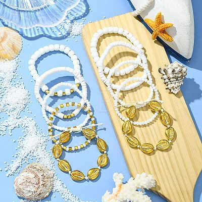 10Pcs 10 Styles Handmade Polymer Clay & Glass Seed Beaded Stretch Bracelet Sets BJEW-SW001581-1