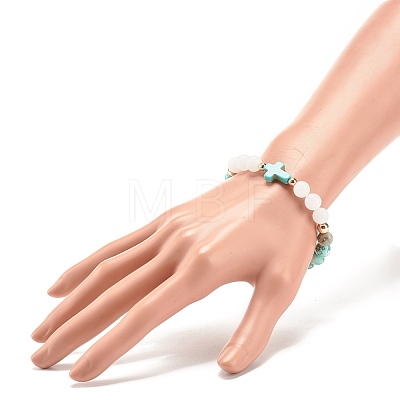 Natural White Jade & Howlite & Synthetic Turquoise(Dyed) Stretch Bracelet with Cross BJEW-JB08295-03-1