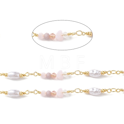 Brass Glass Bead Link Chains with ABS Imitation Pearl Beads CHS-P016-39G-08-1
