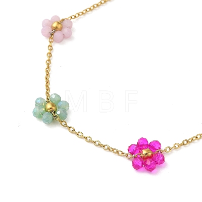 304 Stainless Steel & Glass Colorful Flower Link Chain Necklaces for Women NJEW-K383-05G-1