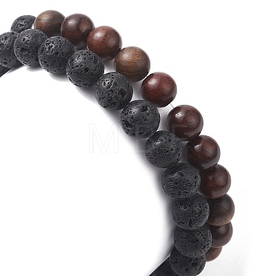 2Pcs 2 Style Natural Wood & Lava Rock Round Beaded Stretch Bracelets Set for Women BJEW-JB09381-02-1