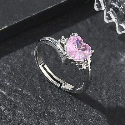 Adjustable Brass Finger Rings with Pink Heart Cubic Zirconia for Valentine's Day CU-CBA7E55-11P-1