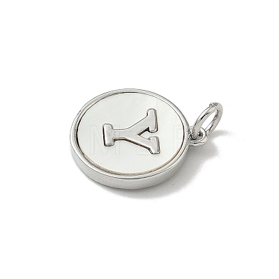 Brass Pave Natural Shell Flat Round with Letter Charms KK-Z115-13P-Y-1
