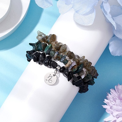 3Pcs 3 Styles Natural Labradorite & Obsidian & Moss Agate  Chips Stretch Bracelets Sets BJEW-JB11076-12-1