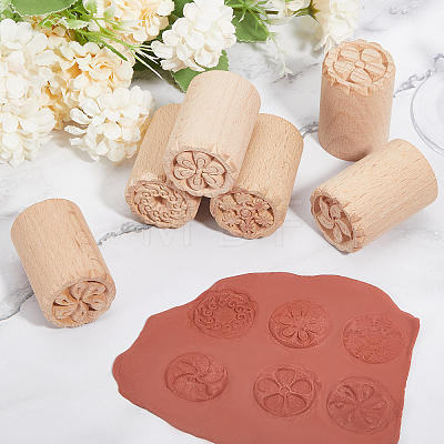 CHGCRAFT 6Pcs 6 Styles Flower Pattern Round Wooden Traditional Chinese Moon Cake Molds AJEW-CA0004-25-1