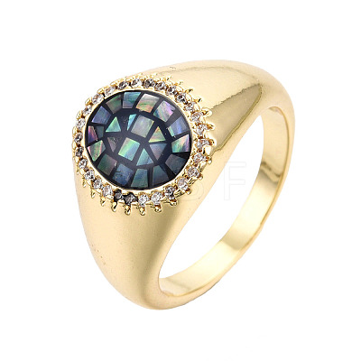 Natural Abalone Shell/Paua Shell Oval Ring with Clear Cubic Zirconia RJEW-N037-038-1