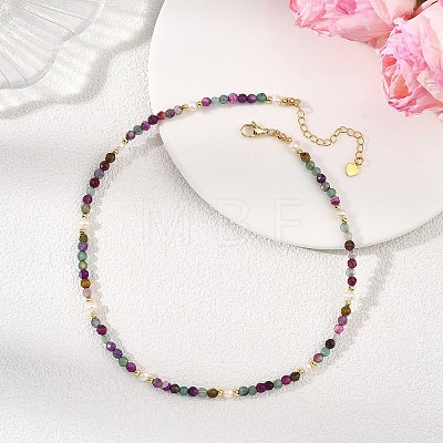 Dyed & Heated Faceted Round Natural Agate and Cultured Freshwater Pearl Beaded Necklaces for Women NJEW-JN06240-04-1