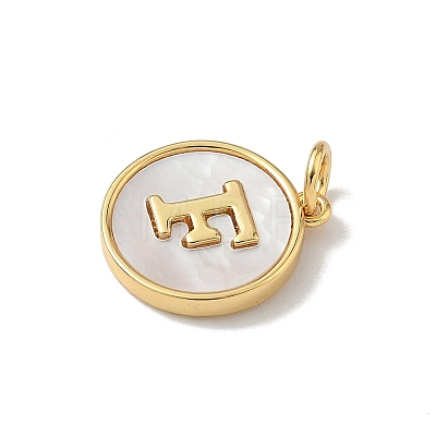 Brass Pave Natural Shell Flat Round with Letter Charms KK-Z115-13G-F-1