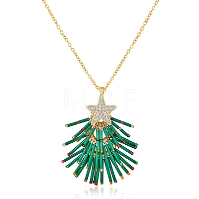 Brass Rhinestone with Glass Seed Beaded Green Christmas Tree Pendant Necklaces FS-WG6FBF4-01-1