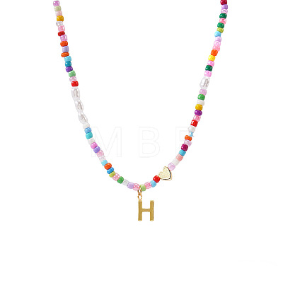 Colorful Beaded Heart Letter Necklace with Pearl Elements Stainless Steel Pendant Jewelry TR2146-8-1