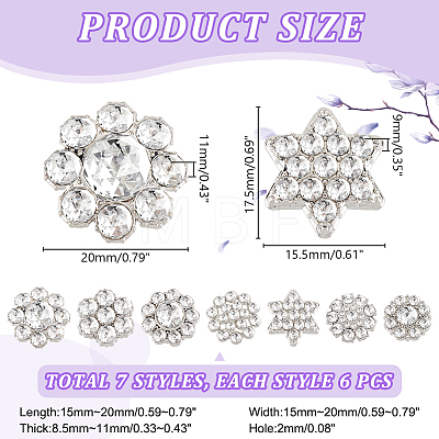 AHADERMAKER 42Pcs 7 Styles 1-Hole Alloy Rhinestone Shank Button ALRI-GA0001-10-1