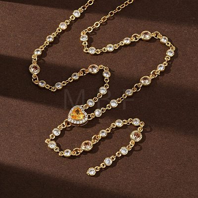 Brass Pave Cubic Zirconia Heart Pendant Y Tassel Necklaces for Women NJEW-A071-01G-03-1