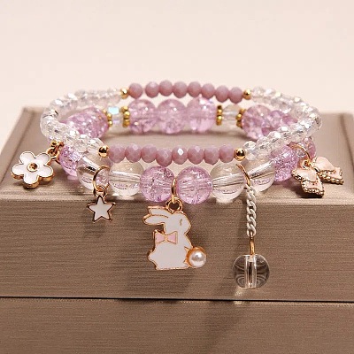 2Pcs 2 Styles Plastic & Glass Beaded Stretch Bracelets FS-WGE3E77-05-1