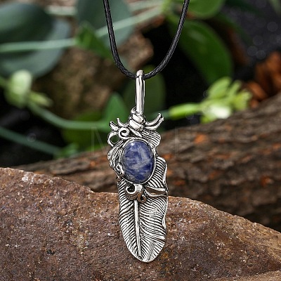Natural Sodalite Alloy Feather Pendant Black PU Leather Cord Necklaces FS1864-6-1