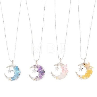 4Pcs 4 Colors Natural Aquamarine & Rose Quartz & Yellow Fluorite & Lavender Amethyst Wire Wrapped Moon with Acrylic Butterfly Pendant 304 Stainless Steel Ball Chain Necklaces NJEW-TA00266-1