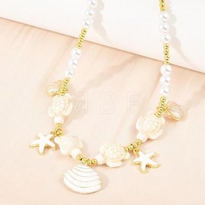 Ocean Brass Enamel Starfish Shell Shape Pendant Round ABS Imitation Pearl Beaded Necklaces KK-CBA4547-04D-G-1