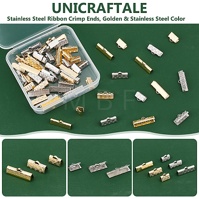 Unicraftale 60Pcs 6 Style 304 Stainless Steel Ribbon Crimp Ends STAS-UN0055-92-1