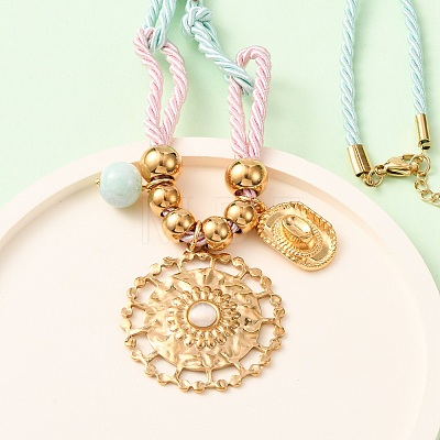 304 Stainless Steel Flower Cowboy Hat Pendant Polyester Cord Necklaces NJEW-C105-02G-1