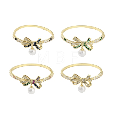 Rack Plating Brass Pave Cubic Zirconia Bowknot Hinged Bangles for Women BJEW-R317-03G-1