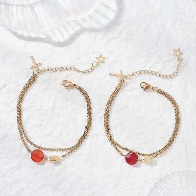 Natural Red Agate Faceted Flat Round with Brass Cube Link Bracelets BJEW-JB13481-1