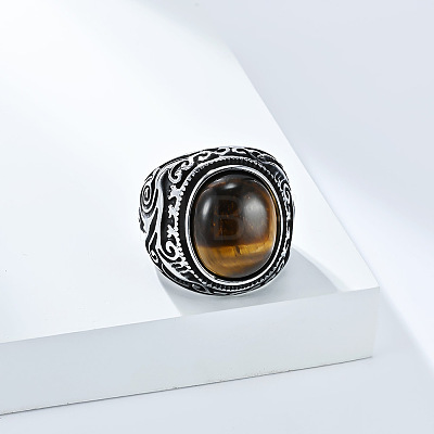 304 Stainless Steel with Natural Tiger Eye Finger Rings for Men FS-WG44E14-14-1