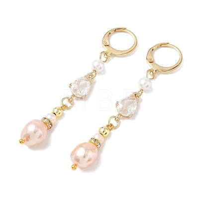 Teardrop Brass & Natural Cultured Freshwater Pearl Hoop Earrings EJEW-JE07012-1