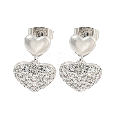 Heart Brass Pave Clear Cubic Zirconia Dangle Stud Earrings EJEW-M258-35P-1