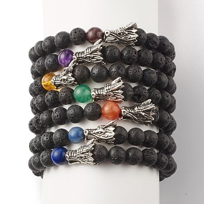 Natural Lava Rock & Mixed Stone Round Beads Stretch Bracelets Set BJEW-JB07466-1