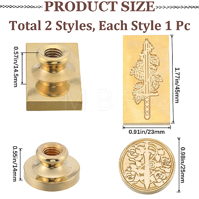 CRASPIRE 2Pcs 2 Styles Golden Plated Wax Seal Brass Stamp Head AJEW-CP0007-53-1