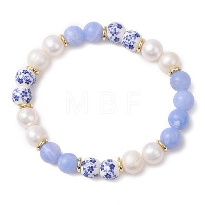 Natural Blue Lace Agate & Cultured Freshwater Pearl & Handmade Porcelain Ceramic Beads Stretch Bracelets for Women BJEW-JB13085-1