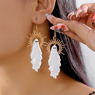 Halloween Ghost Alloy Dangle Earrings X-EJEW-K316-02G-1
