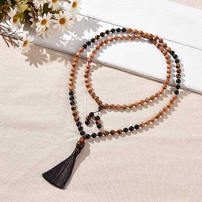 Wood & Tiger Eye Beads Wrap Necklaces NJEW-JN04135-1