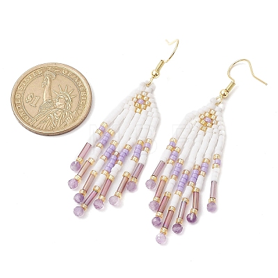 Woven Seed Beads & Natural Gemstone Tassel Earrings EJEW-MZ00154-1