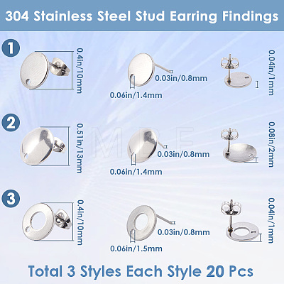 SOFPLATE 60Pcs 3 Style 304 Stainless Steel Stud Earring Findings STAS-SP0001-57-1