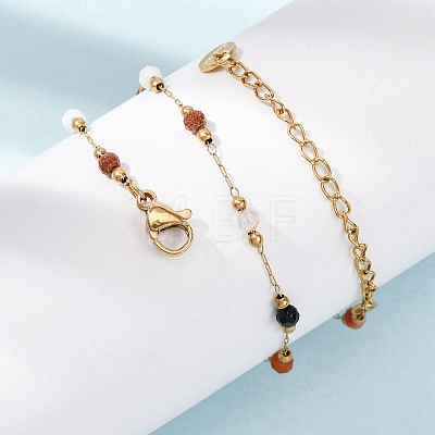 Natural Agate & Howlite & Synthetic Goldstone Faceted Round Bead 304 Stainless Steel Cable Chain Anklets for Women AJEW-G072-01G-1